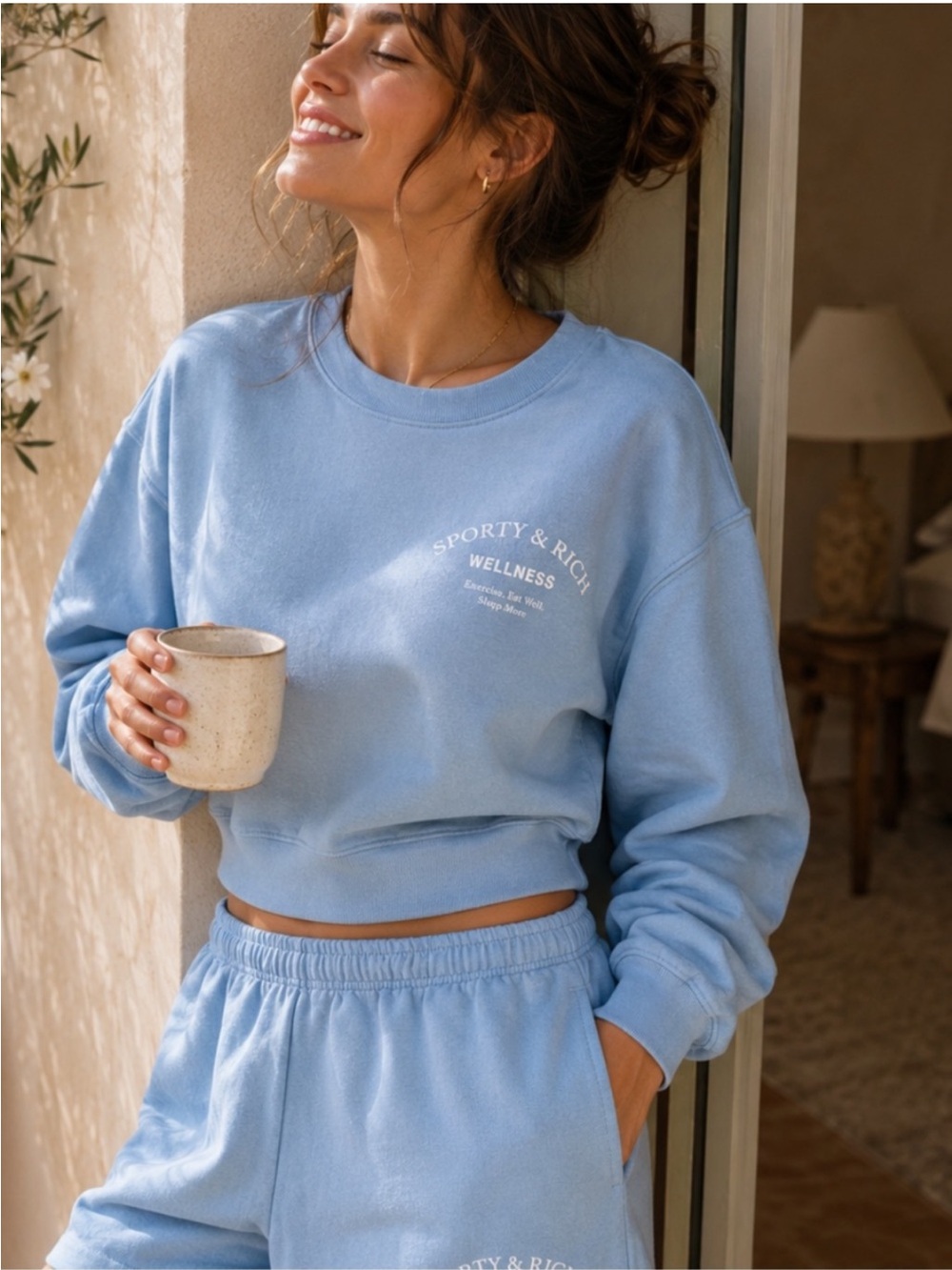Sporty & Rich Wellness Studio Cropped Crewneck Sweatshirt- Sky Blue/White small